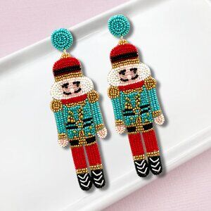 Teal & Red Nutcracker Wooden Soldier Christmas Holiday Seed Beaded Earrings NEW